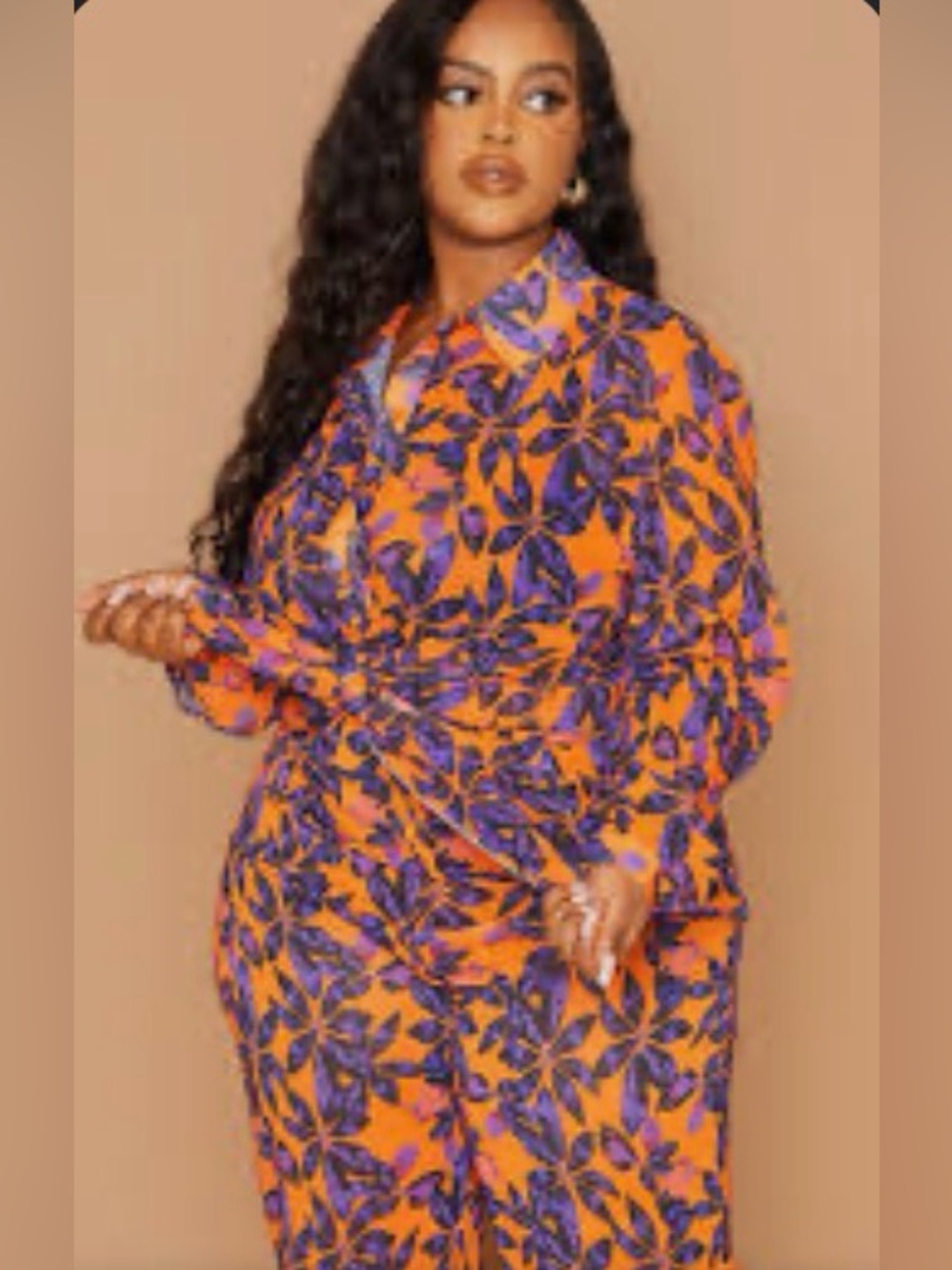 PrettyLittleThing Orange and Purple Floral Sheer Button-Up Shirt